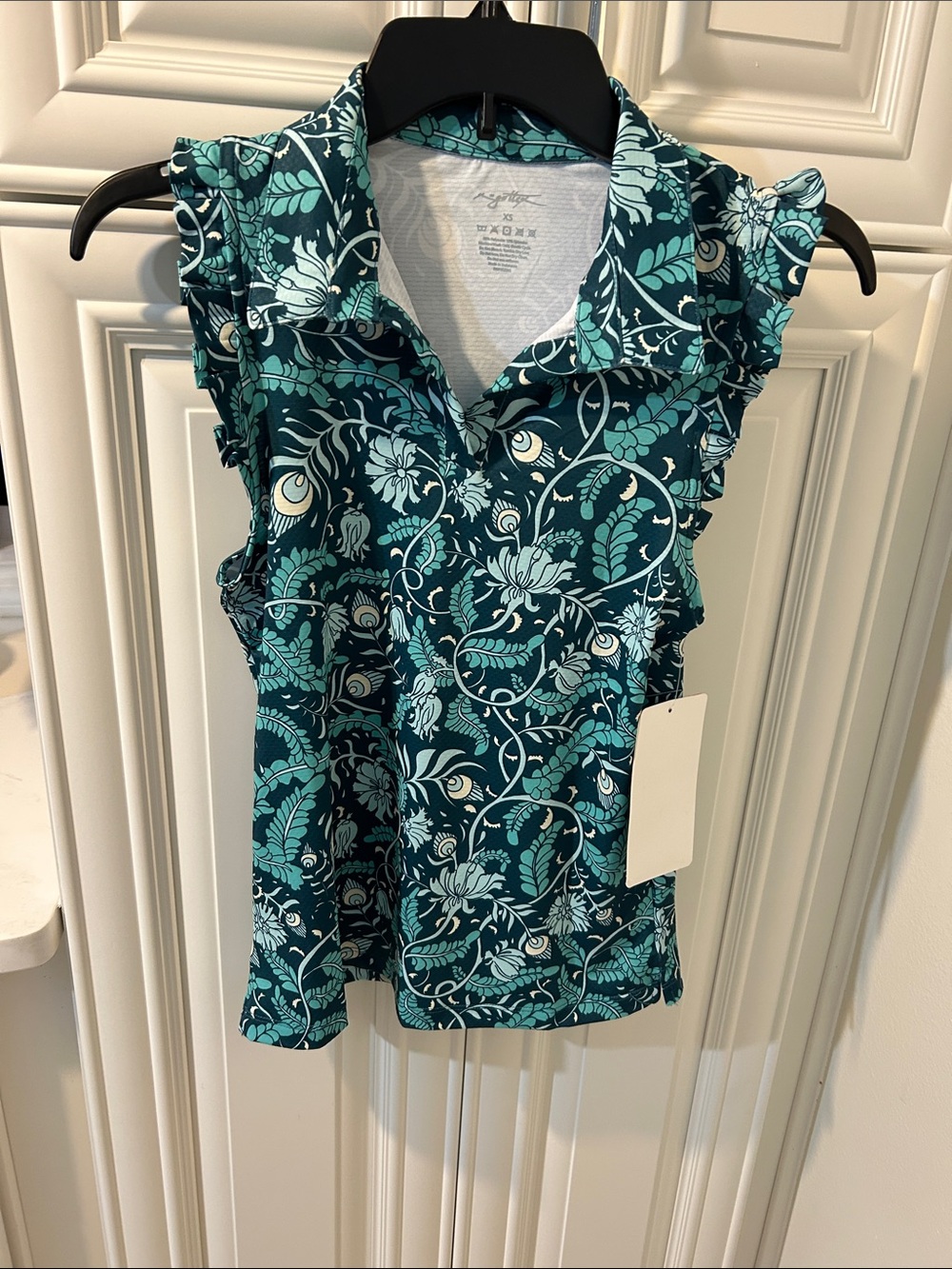 Teal Floral Ruffle Sleeve Polo Tank Top